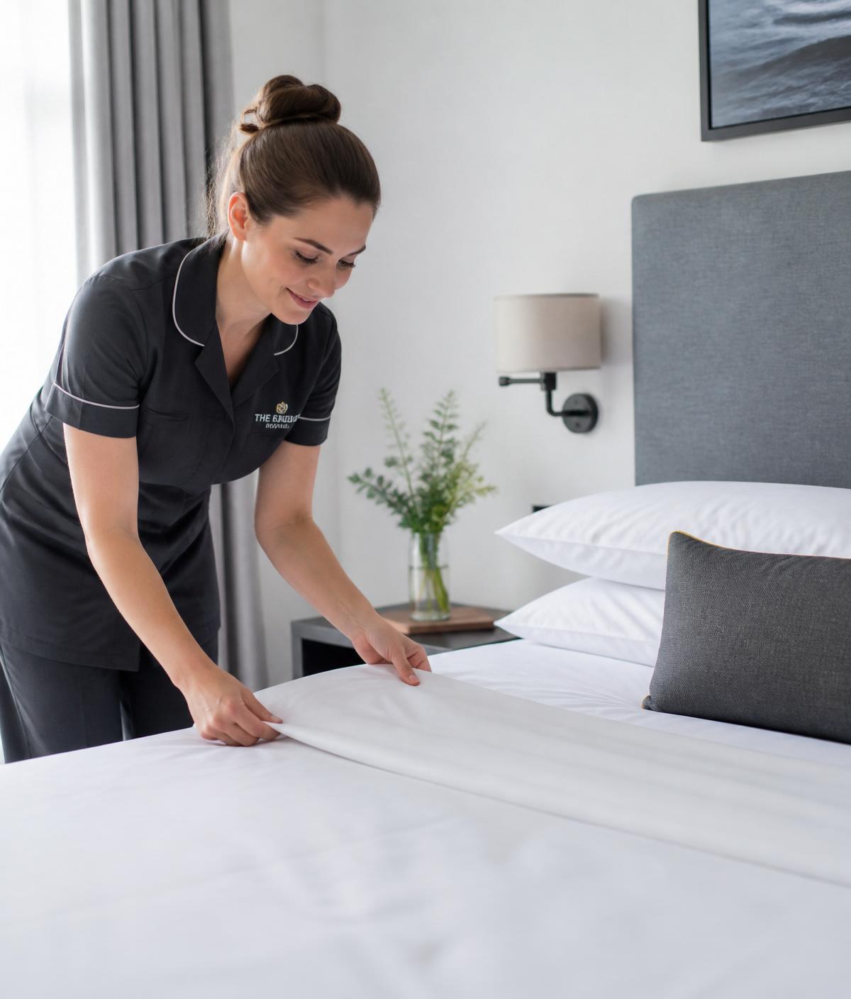 Professional cleaner making a bed with crisp white hotel linen