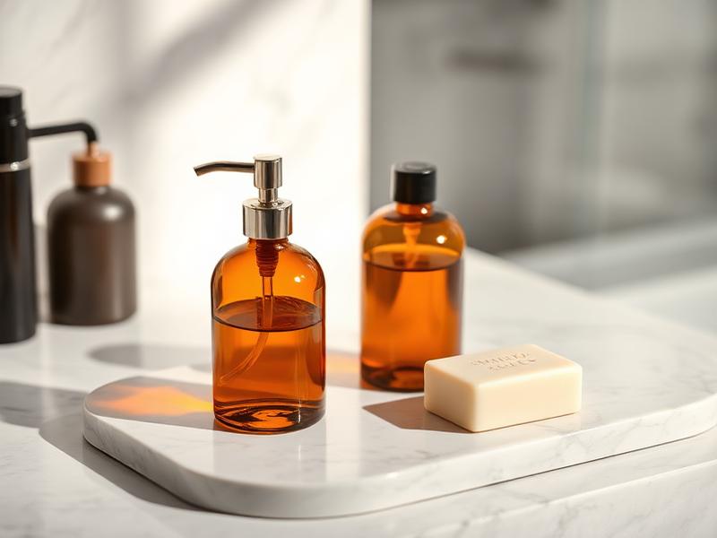 Amber glass amenity bottles and soap